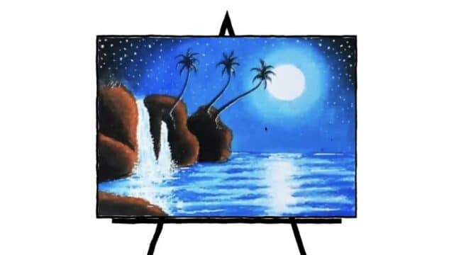 image of moonlit waterfall in pastel painting lots of blues and browns and black three palm tree shadow