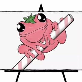 pink colored strawberry topped frog on pink and white straw