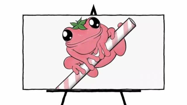 pink colored strawberry topped frog on pink and white straw