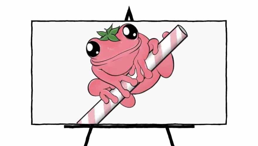 pink colored strawberry topped frog on pink and white straw