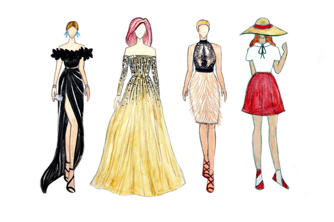 4 fashion designs of dresses in full color