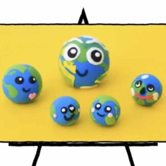 image of five clay sculpted 3d rounded shapes with green and blue and faces