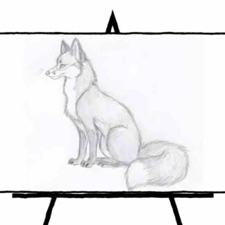 black and white pencil sketch of sitting fox