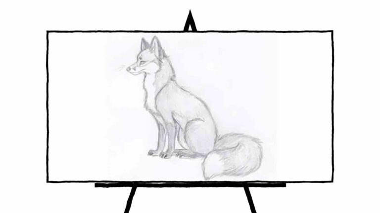 black and white pencil sketch of sitting fox