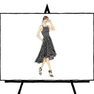 pencil color sketch of black polkadot dress