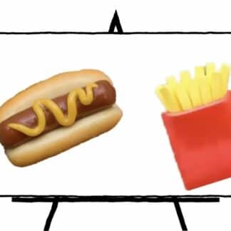 image of clay sculpted hot dog with bun and mustard and fries in red container