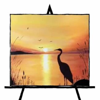 painting of crane silhouette in sunset colors