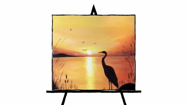 painting of crane silhouette in sunset colors