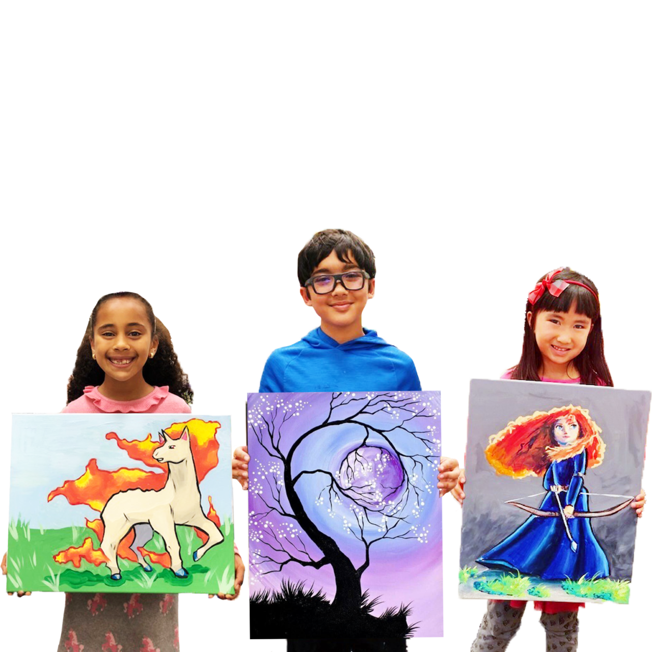 image of 3 kids holding their canvas paintings and smiling