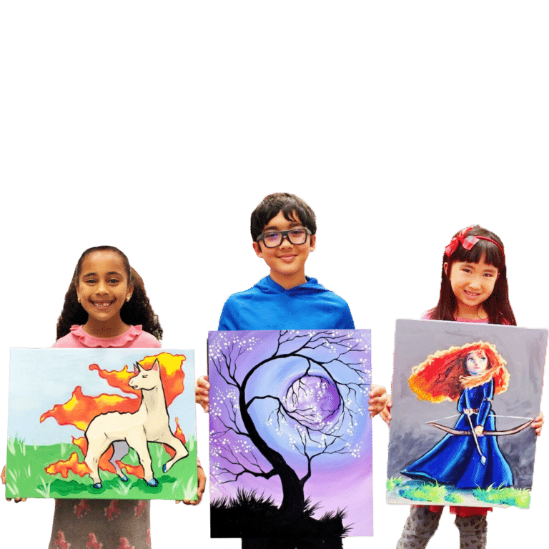 image of 3 kids holding their canvas paintings and smiling