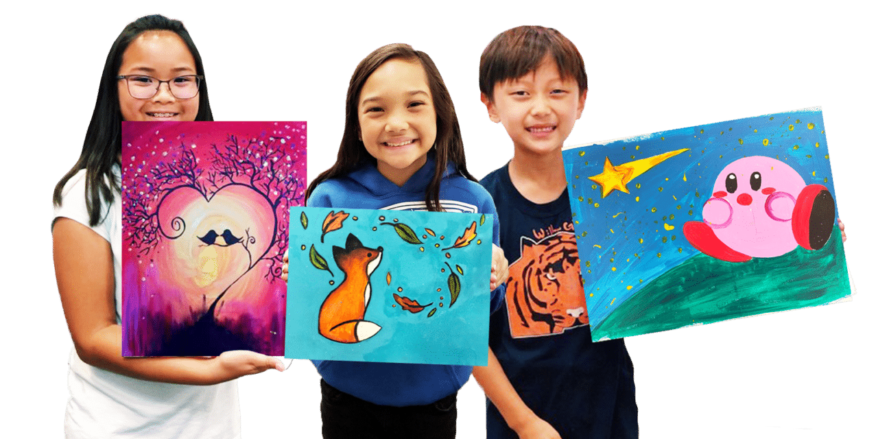 image of 3 kids holding their canvas paintings and smiling