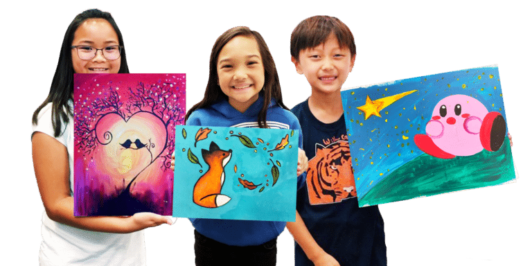 image of 3 kids holding their canvas paintings and smiling