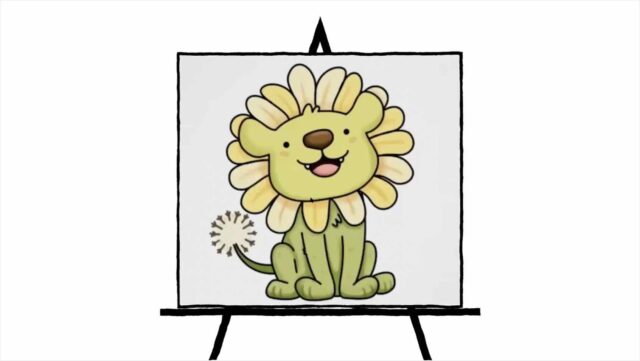 Smiling Dandi-Lion Pastel Painting in green and yellow