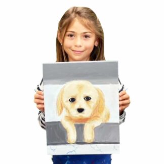 image of a student holding a painting of a golden retriever