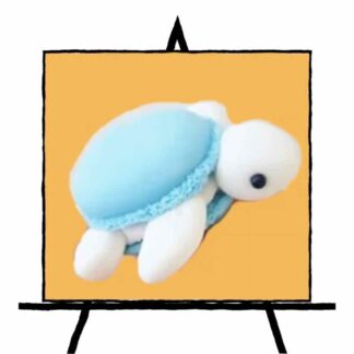 3d image of macaroon dessert in shape of a turtle with blue shells on orange background