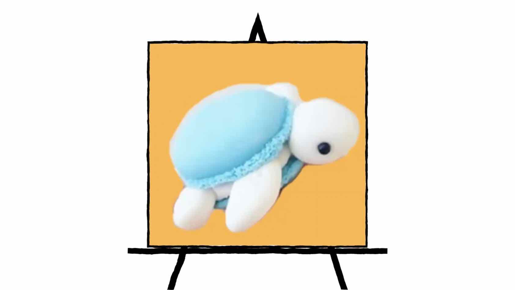 3d image of macaroon dessert in shape of a turtle with blue shells on orange background
