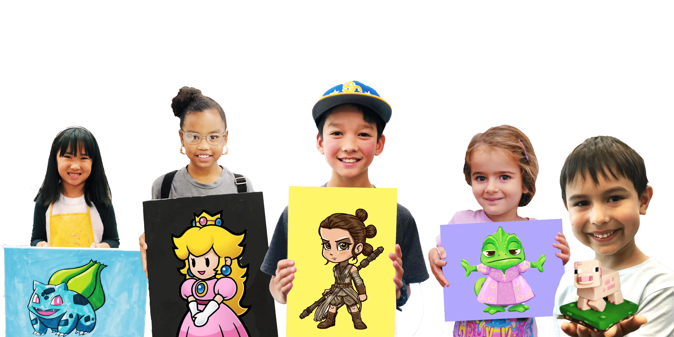 photo of 5 kids holding their artwork