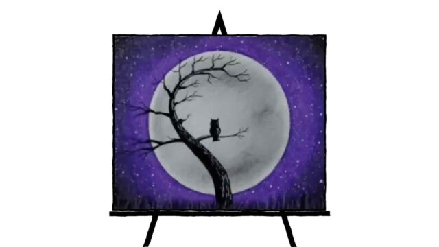 image of an owl on a branch curved against a full moon with a purple and black sky with stars