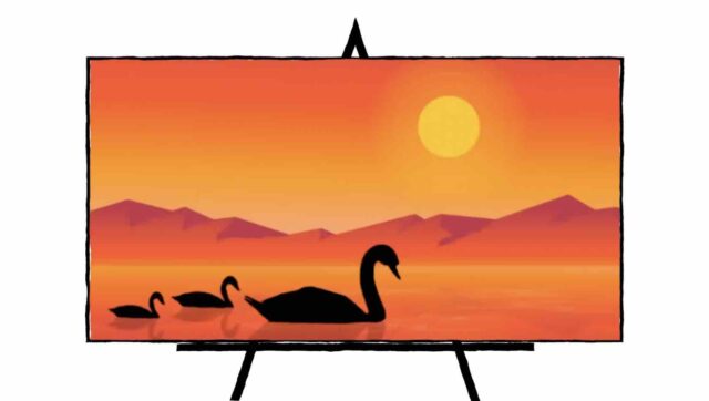 Silhouette Swans Landscape painting lots of orange, yellow and red colors