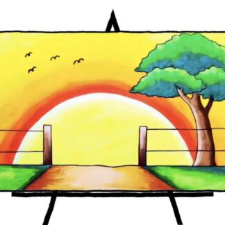 landscape drawing of sunset with tree and birds
