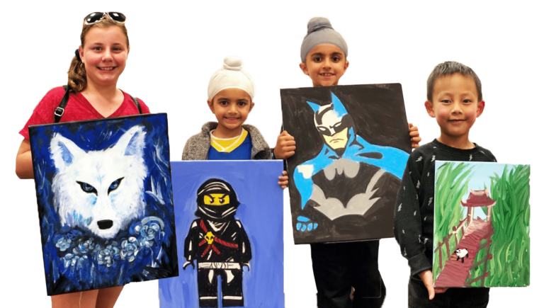 image of 4 kids holding their canvas artwork and smiling