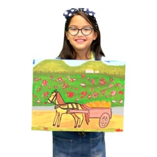 image of a student holding a painting of a horse pulling a wagon