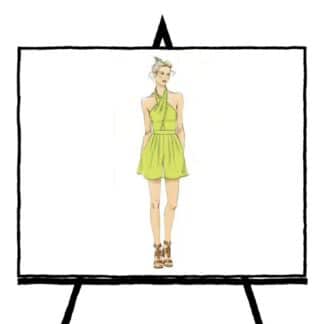 sketch character of woman wearing a lime green halter dress with brown sandals