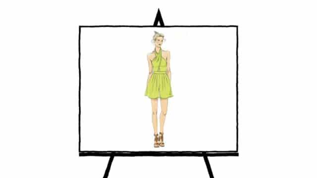 sketch character of woman wearing a lime green halter dress with brown sandals