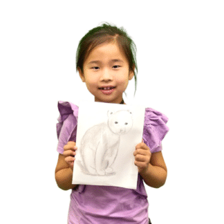 image of a girl holding up a pencil sketch of a polar bear