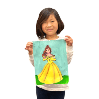 image of a girl holding up a painting of a princess in a yellow dress