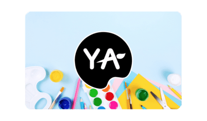 YA logo on gift card with blue background and art supplies