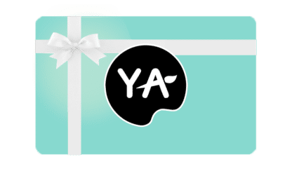 image of a teal gift card white white ribbon and young art logo