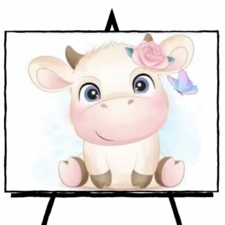 drawing of a cute baby cow with a beige white body and golden brown hooves and horn with a pink rose on right ear. Blue and pink butterfly near flower