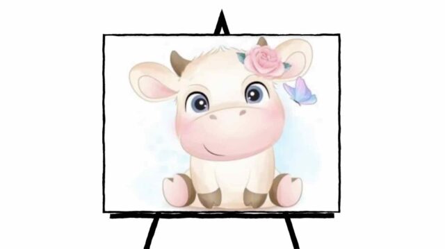 drawing of a cute baby cow with a beige white body and golden brown hooves and horn with a pink rose on right ear. Blue and pink butterfly near flower