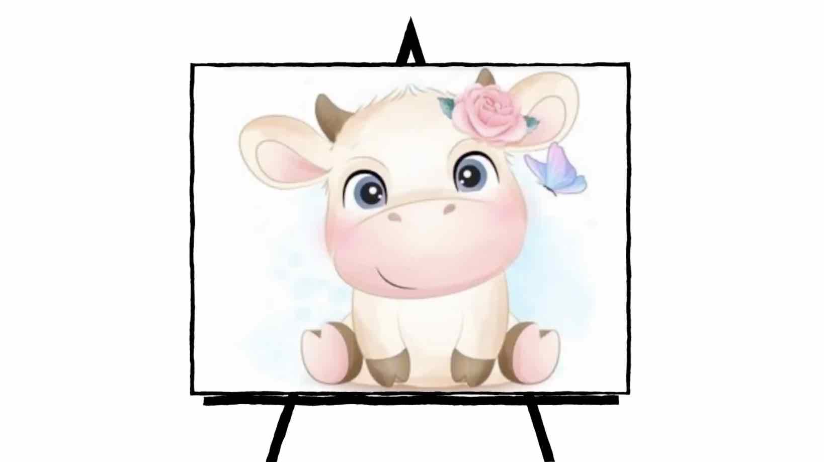 drawing of a cute baby cow with a beige white body and golden brown hooves and horn with a pink rose on right ear. Blue and pink butterfly near flower