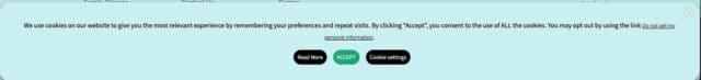 screenshot of cookies collection with read more button, accept and cookie settings