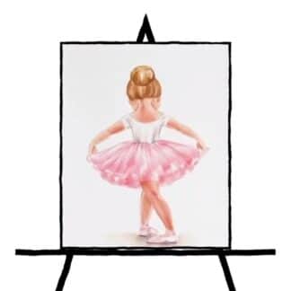 drawing of ballerina with pink tutu and white shirt with brown hair