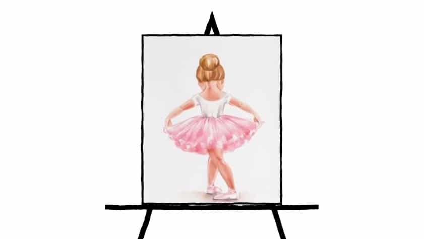 drawing of ballerina with pink tutu and white shirt with brown hair