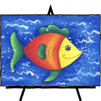 drawing of colorful fish on blue water background