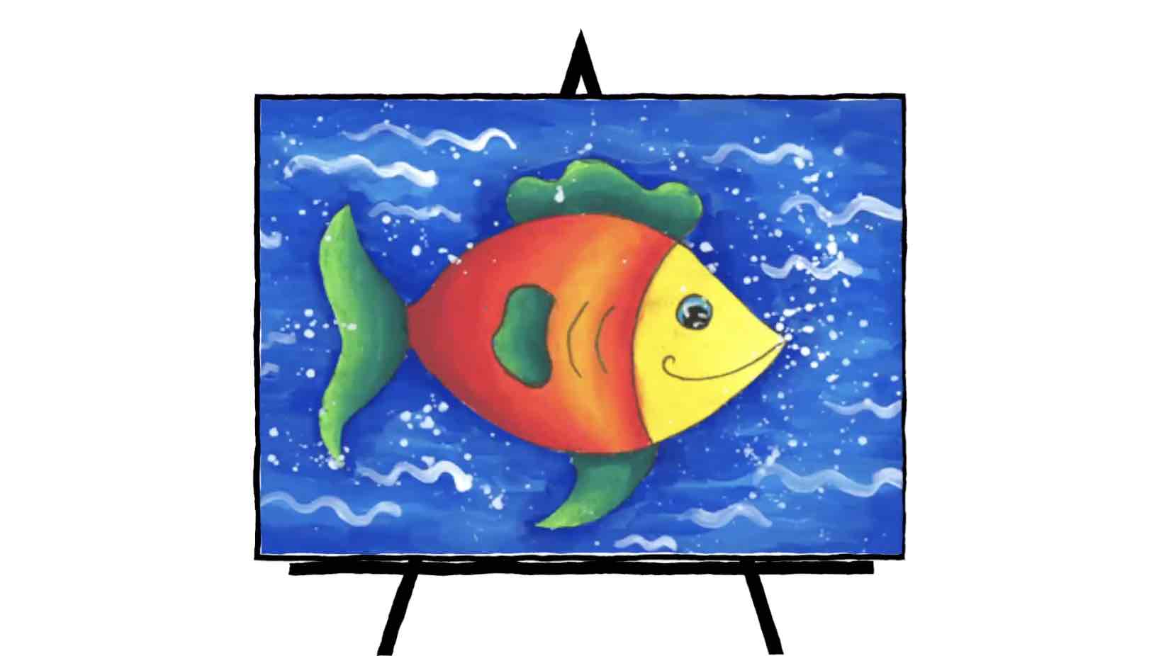 drawing of colorful fish on blue water background
