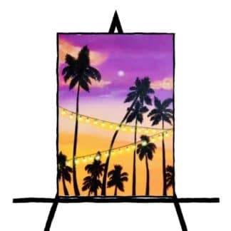 image with silhouette of palm trees with purple gradient to yellow background and string lights