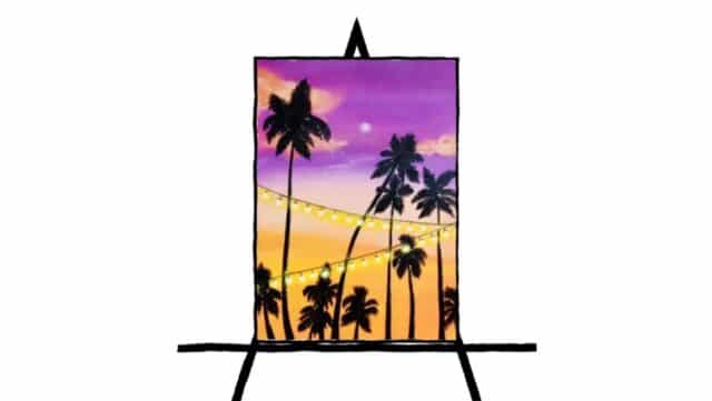 image with silhouette of palm trees with purple gradient to yellow background and string lights