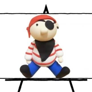 image of 3d sculpted clay pirate with blue pants, striped red and white shirt, black bandana and black eyepatch with red head scarf