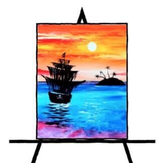 silhouette pirate ship with island with palm trees on water with blue and purple waters and orange yellow background with sun