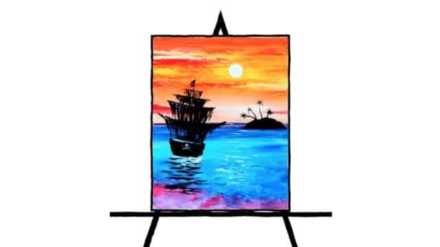 silhouette pirate ship with island with palm trees on water with blue and purple waters and orange yellow background with sun