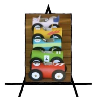 image of five race cars made of paper in various colors