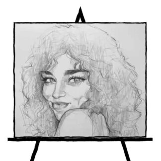 black and white pencil sketch of woman smiling with big eyes