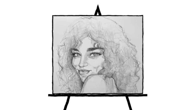 black and white pencil sketch of woman smiling with big eyes