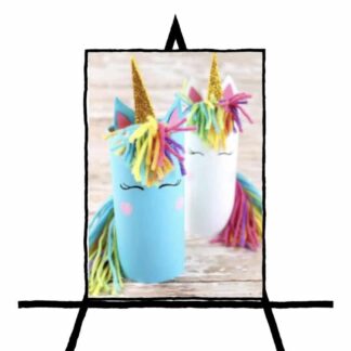 image of two unicorns made of paper tubes with colorful hair and yellow horn