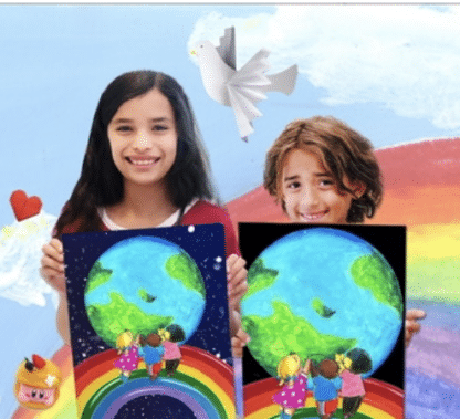 image of boy and girl holding rainbow peace art